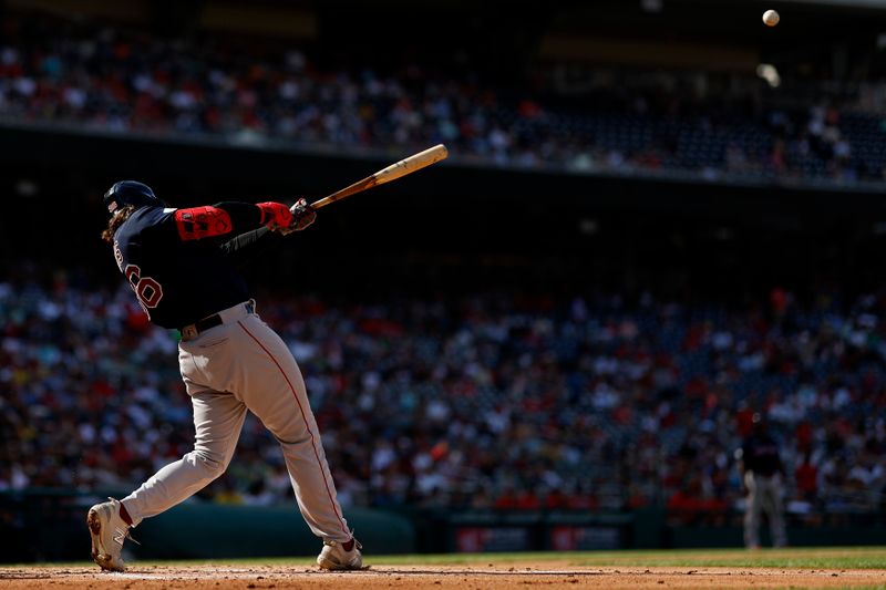 Aug 17, 2023; Washington, District of Columbia, USA; Boston Red Sox first baseman Triston Casas (36) hits a home run against the Washington Nationals during the third inning at Nationals Park. Mandatory Credit: Geoff Burke-USA TODAY Sports