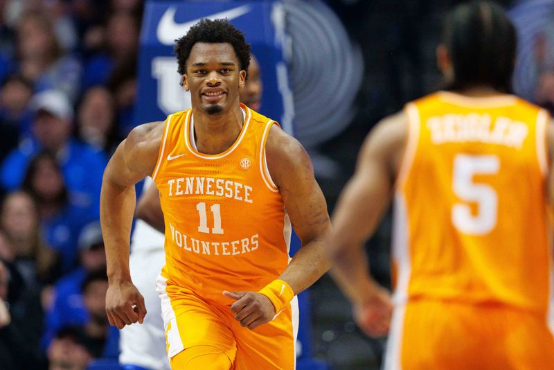 Feb 3, 2024; Lexington, Kentucky, USA; Tennessee Volunteers forward Tobe Awaka (11) runs down the court after a scoring a basket during the second half against the Kentucky Wildcats at Rupp Arena at Central Bank Center. Mandatory Credit: Jordan Prather-USA TODAY Sports