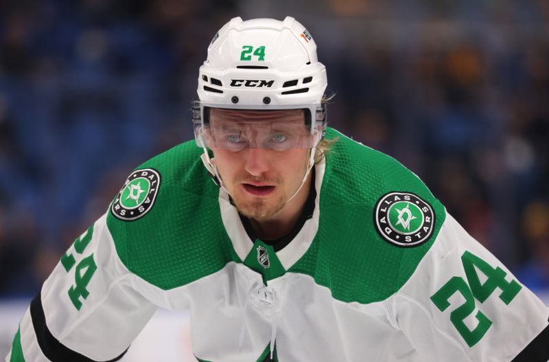 Feb 6, 2024; Buffalo, New York, USA;  Dallas Stars center Roope Hintz (24) during a stoppage in play against the Buffalo Sabres during the first period at KeyBank Center. Mandatory Credit: Timothy T. Ludwig-USA TODAY Sports