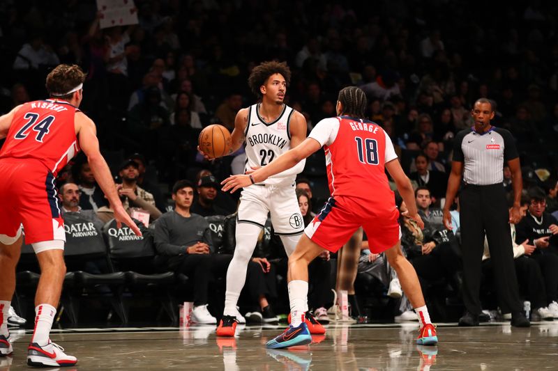 BROOKLYN, NY - OCTOBER 14: Jalen Wilson #22 of the Brooklyn Nets dribbles the ball during the game against the Washington Wizards during a NBA preseason game on October 14, 2024 at Barclays Center in Brooklyn, New York. NOTE TO USER: User expressly acknowledges and agrees that, by downloading and or using this Photograph, user is consenting to the terms and conditions of the Getty Images License Agreement. Mandatory Copyright Notice: Copyright 2024 NBAE (Photo by David L. Nemec/NBAE via Getty Images)