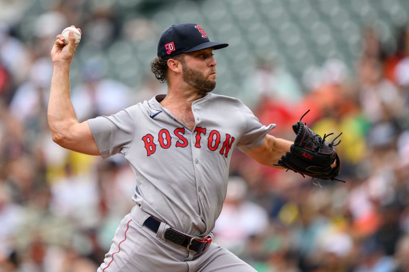 Aug 18, 2024; Baltimore, Maryland, USA; Boston Red Sox pitcher Kutter Crawford (50) throws a pitch during the first inning against the Baltimore Orioles at Oriole Park at Camden Yards. Mandatory Credit: Reggie Hildred-USA TODAY Sports