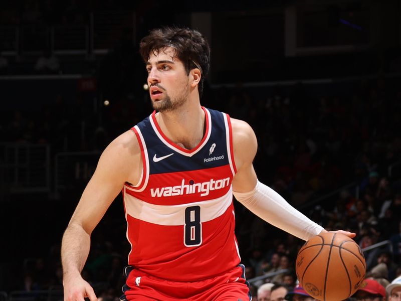 WASHINGTON, DC -? MARCH 8:  Deni Avdija #8 of the Washington Wizards handles the ball during the game  on March 8, 2024 at Capital One Arena in Washington, DC. NOTE TO USER: User expressly acknowledges and agrees that, by downloading and or using this Photograph, user is consenting to the terms and conditions of the Getty Images License Agreement. Mandatory Copyright Notice: Copyright 2024 NBAE (Photo by Stephen Gosling/NBAE via Getty Images)