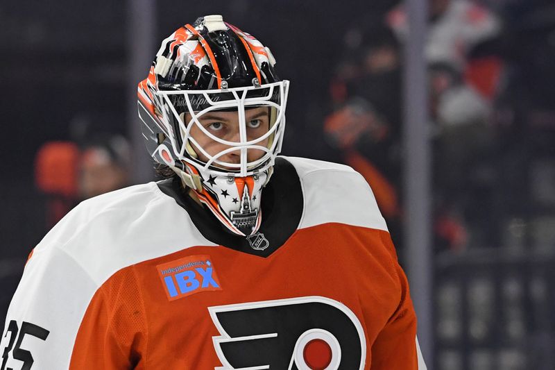 Nov 18, 2024; Philadelphia, Pennsylvania, USA; Philadelphia Flyers goaltender Aleksei Kolosov (35) against the Colorado Avalanche during the second period at Wells Fargo Center. Mandatory Credit: Eric Hartline-Imagn Images