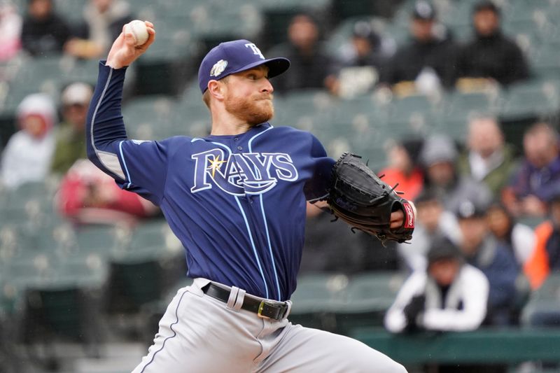 Apr 30, 2023; Chicago, Illinois, USA; Tampa Bay Rays starting pitcher Drew Rasmussen (57) throws a pitch against the Chicago White Sox during the first inning at Guaranteed Rate Field. Mandatory Credit: David Banks-USA TODAY Sports