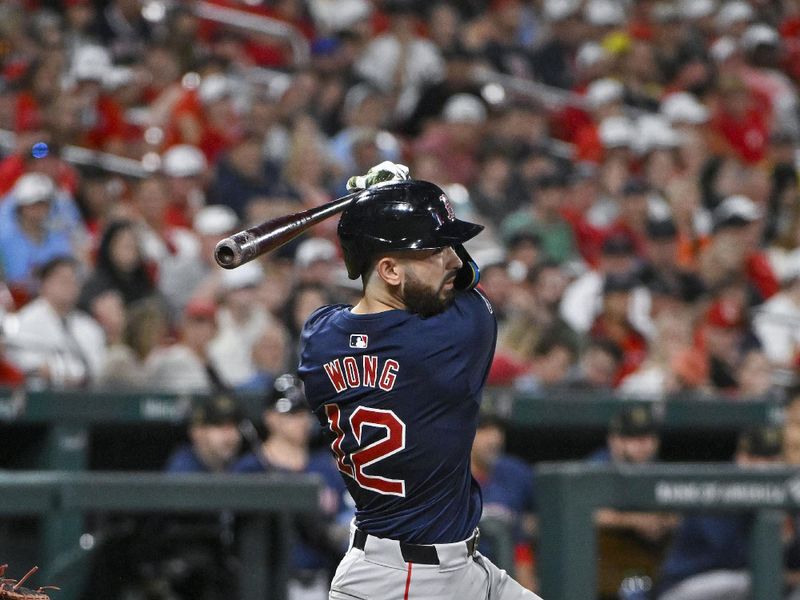 May 17, 2024; St. Louis, Missouri, USA;  Boston Red Sox catcher Connor Wong (12) hits a one run double against the St. Louis Cardinals during the seventh inning at Busch Stadium. Mandatory Credit: Jeff Curry-USA TODAY Sports