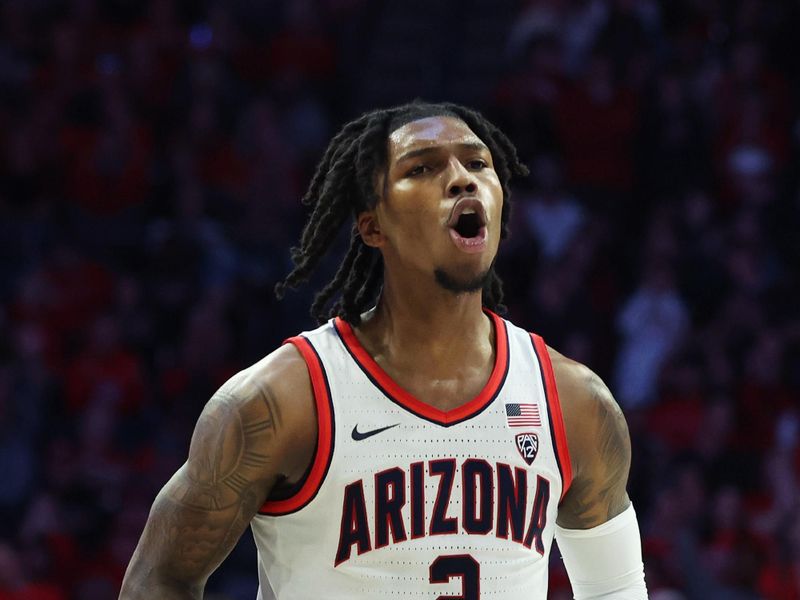 Dec 2, 2023; Tucson, Arizona, USA; Arizona Wildcats guard Caleb Love (2) celebrates a basket against the Colgate Raiders during the first half at McKale Center. Mandatory Credit: Zachary BonDurant-USA TODAY Sports