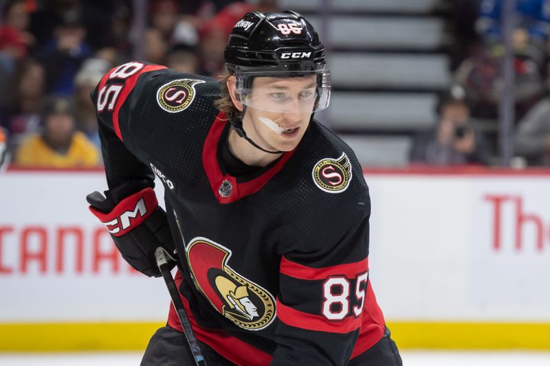 Jan 20, 2024; Ottawa, Ontario, CAN; Ottawa Senators defenseman Jake Sanderson (85) gets in position for a faceoff in the second period against the Winnipeg Jets at the Canadian Tire Centre. Mandatory Credit: Marc DesRosiers-USA TODAY Sports