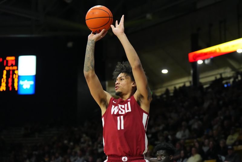 Jan 22, 2023; Boulder, Colorado, USA; Washington State Cougars forward DJ Rodman (11) shoots the ballin the second half against the Colorado Buffaloes at the CU Events Center. Mandatory Credit: Ron Chenoy-USA TODAY Sports