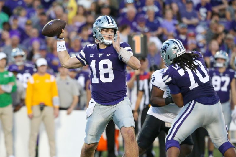 Oct 21, 2023; Manhattan, Kansas, USA; Kansas State Wildcats quarterback Will Howard (18) passes the ball during the second quarter against the TCU Horned Frogs at Bill Snyder Family Football Stadium. Mandatory Credit: Scott Sewell-USA TODAY Sports