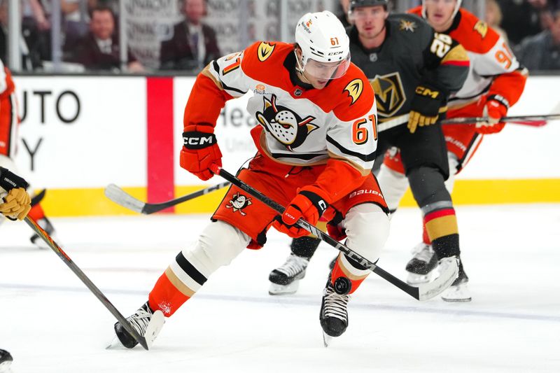 Oct 13, 2024; Las Vegas, Nevada, USA; Anaheim Ducks left wing Cutter Gauthier (61) skates against the Vegas Golden Knights during the first period at T-Mobile Arena. Mandatory Credit: Stephen R. Sylvanie-Imagn Images