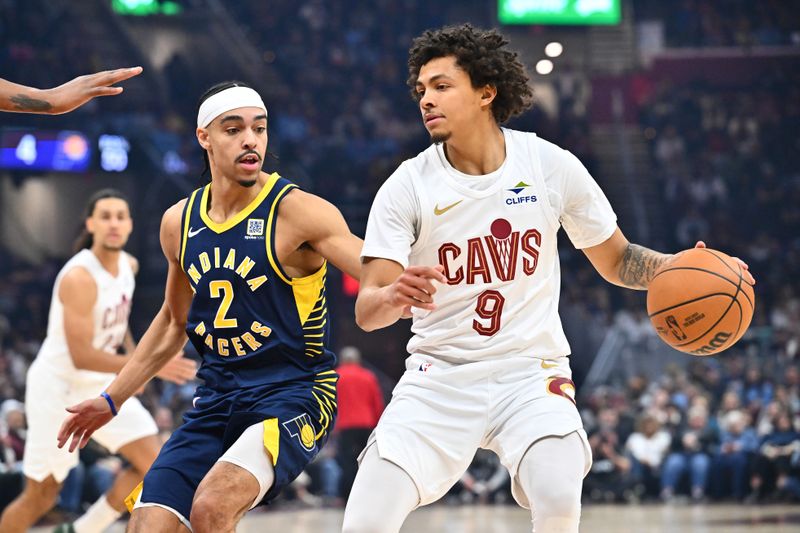 CLEVELAND, OHIO - APRIL 13: Andrew Nembhard #2 of the Indiana Pacers guards Craig Porter Jr. #9 of the Cleveland Cavaliers during the first quarter at Rocket Arena on April 13, 2025 in Cleveland, Ohio. NOTE TO USER: User expressly acknowledges and agrees that, by downloading and or using this photograph, User is consenting to the terms and conditions of the Getty Images License Agreement. (Photo by Jason Miller/Getty Images)