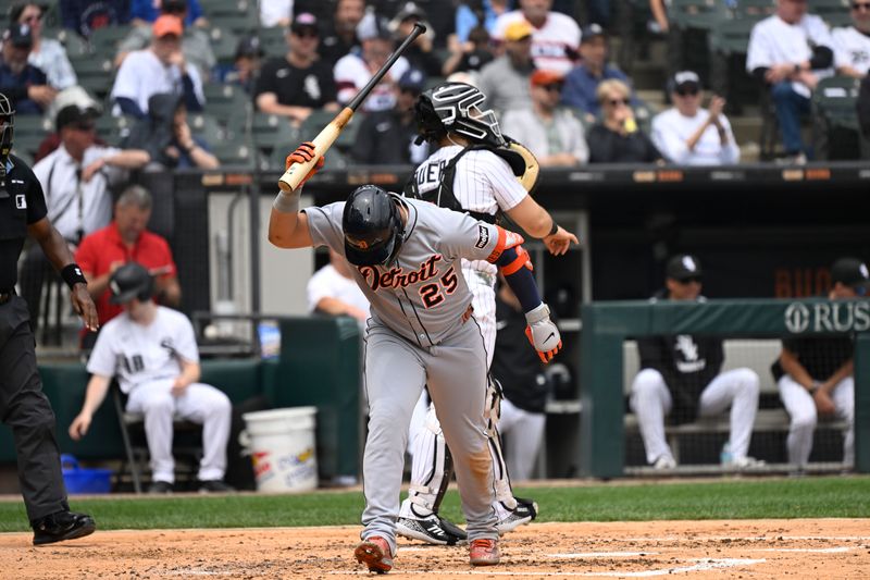 Jun 5, 2025; Chicago, Illinois, USA;  Detroit Tigers second base Gleyber Torres (25) slams his bat after striking out swinging against the Chicago White Sox during the third inning at Rate Field. Mandatory Credit: Matt Marton-Imagn Images