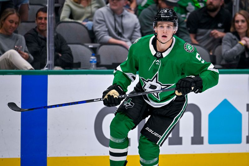 Sep 29, 2022; Dallas, Texas, USA; Dallas Stars defenseman Nils Lundkvist (5) skates against the Minnesota Wild during the second period at the American Airlines Center. Mandatory Credit: Jerome Miron-USA TODAY Sports