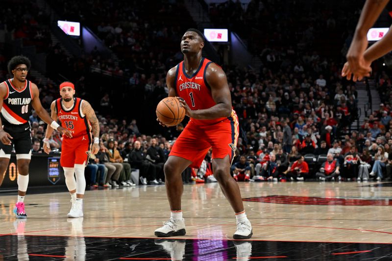 PORTLAND, OREGON - APRIL 09: Zion Williamson #1 of the New Orleans Pelicans shoots a free throw during the first quarter of the game against the Portland Trail Blazers at the Moda Center on April 09, 2024 in Portland, Oregon. The New Orleans Pelicans won 110-100. NOTE TO USER: User expressly acknowledges and agrees that, by downloading and or using this photograph, User is consenting to the terms and conditions of the Getty Images License Agreement. (Photo by Alika Jenner/Getty Images)