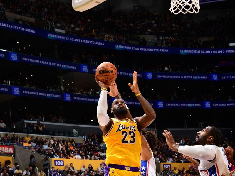 LOS ANGELES, CA - NOVEMBER 8: LeBron James #23 of the Los Angeles Lakers shoots the ball during the game against the Philadelphia 76ers on Novemberr 8, 2024 at Crypto.Com Arena in Los Angeles, California. NOTE TO USER: User expressly acknowledges and agrees that, by downloading and/or using this Photograph, user is consenting to the terms and conditions of the Getty Images License Agreement. Mandatory Copyright Notice: Copyright 2024 NBAE (Photo by Adam Pantozzi/NBAE via Getty Images)