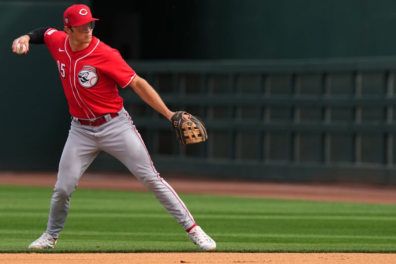 Feb. 24, 2024; Goodyear, Arizona, USA; Cincinnati Reds infielder Tyler Callihan throws to first for an out after fielding a ground ball in the fifth inning during a MLB spring training game against the Cleveland Guardians at Goodyear Ballpark. Mandatory Credit: Kareem Elgazzar-USA TODAY Sports