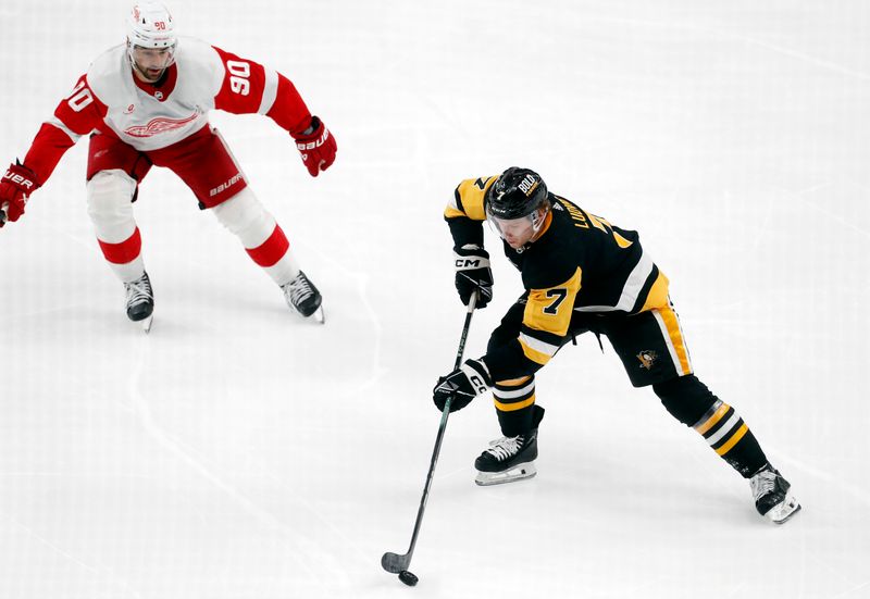 Mar 17, 2024; Pittsburgh, Pennsylvania, USA;  Pittsburgh Penguins defenseman John Ludvig (7) moves the puck against Detroit Red Wings center Joe Veleno (90) during the third period at PPG Paints Arena. Pittsburgh won 6-3.  Mandatory Credit: Charles LeClaire-USA TODAY Sports