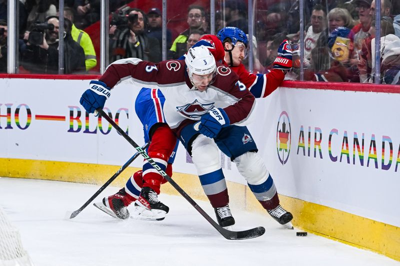 Jan 15, 2024; Montreal, Quebec, CAN; Montreal Canadiens left wing Michael Pezzetta (55) misses his check on Colorado Avalanche defenseman Jack Johnson (3) during the first period at Bell Centre. Mandatory Credit: David Kirouac-USA TODAY Sports