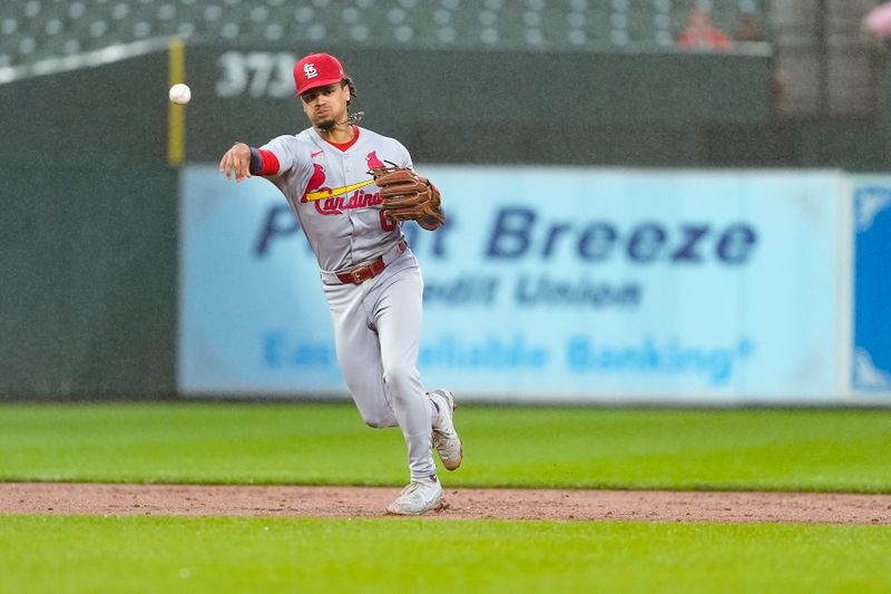 May 28, 2025; Baltimore, Maryland, USA; St. Louis Cardinals shortstop Masyn Winn (0) throws out Baltimore Orioles catcher Maverick Handley (98) (not pictured) after fielding a ground ball during the second inning at Oriole Park at Camden Yards. Mandatory Credit: Gregory Fisher-Imagn Images