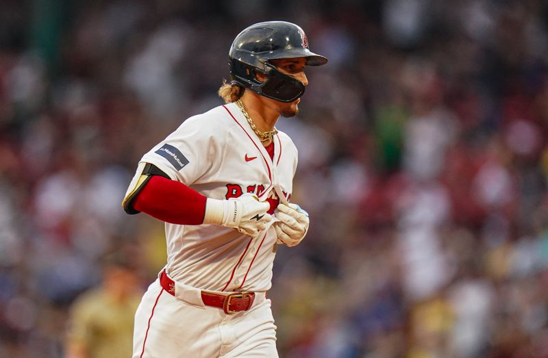 Jun 30, 2024; Boston, Massachusetts, USA; Boston Red Sox left fielder Jarren Duran (16) rounds the bases after hitting a home run against the San Diego Padres in the fifth inning at Fenway Park. Mandatory Credit: David Butler II-USA TODAY Sports