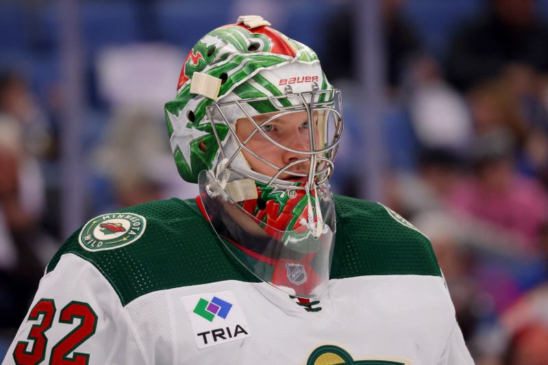 Nov 10, 2023; Buffalo, New York, USA;  Minnesota Wild goaltender Filip Gustavsson (32) during a stoppage in play against the Buffalo Sabres during the second period at KeyBank Center. Mandatory Credit: Timothy T. Ludwig-USA TODAY Sports