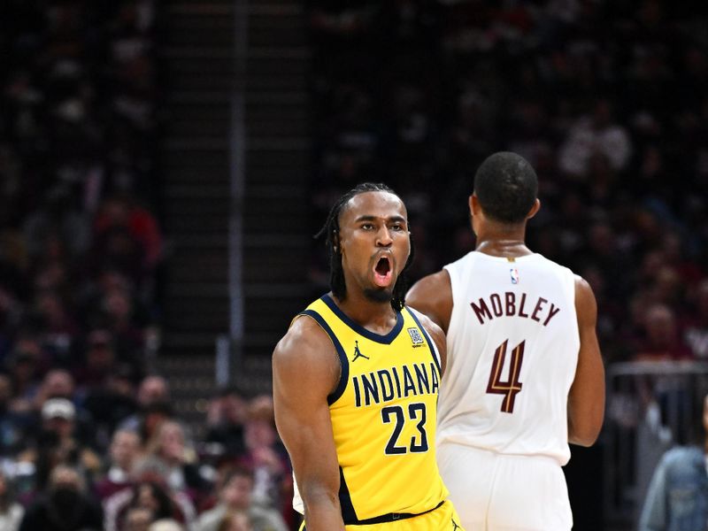 CLEVELAND, OHIO - MAY 04: Aaron Nesmith #23 of the Indiana Pacers reacts after scoring during the third quarter of game one of the Eastern Conference Semifinals against the Cleveland Cavaliers at Rocket Arena on May 04, 2025 in Cleveland, Ohio. The Pacers defeated the Cavaliers 121-112. NOTE TO USER: User expressly acknowledges and agrees that, by downloading and or using this photograph, User is consenting to the terms and conditions of the Getty Images License Agreement. (Photo by Jason Miller/Getty Images)