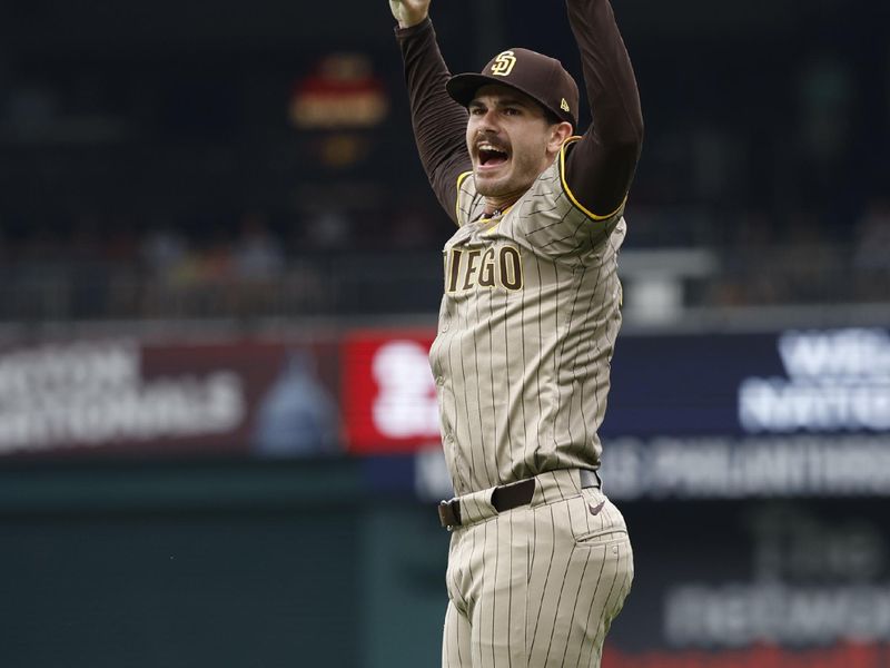 Jul 25, 2024; Washington, District of Columbia, USA; San Diego Padres starting pitcher Dylan Cease (84) celebrates after the final out of a no-hitter against the Washington Nationals at Nationals Park. Mandatory Credit: Geoff Burke-USA TODAY Sports
