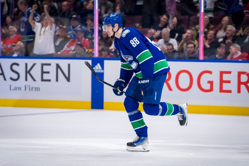 Mar 21, 2024; Vancouver, British Columbia, CAN; Vancouver Canucks forward Nils Aman (88) celebrates his goal against the Montreal Canadiens in the third period at Rogers Arena. Vancouver won 4 -1. Mandatory Credit: Bob Frid-USA TODAY Sports