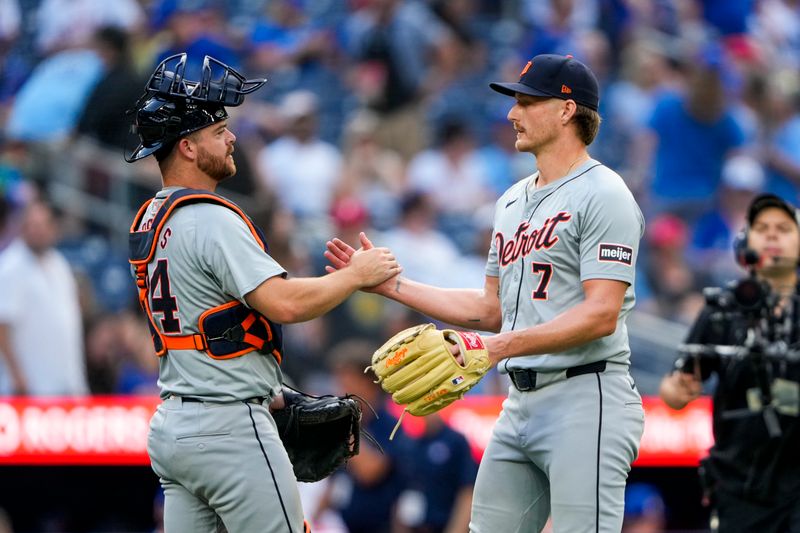 Jul 20, 2024; Toronto, Ontario, CAN; Detroit Tigers catcher Jake Rogers (34) celebrates with pitcher Shelby Miller (7) after defeating the Toronto Blue Jays at Rogers Centre. Mandatory Credit: Kevin Sousa-USA TODAY Sports