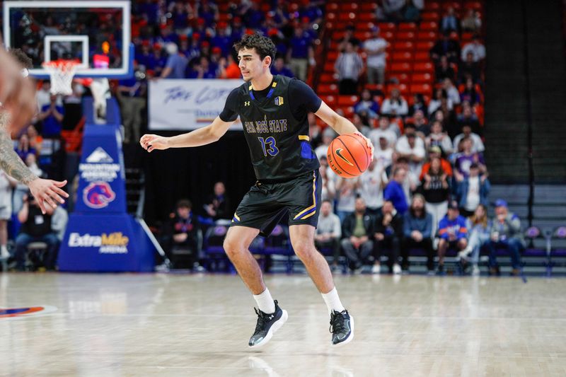 Feb 20, 2024; Boise, Idaho, USA; San Jose State Spartans guard Alvaro Cardenas (13) during the first half against the Boise State Broncos at  ExtraMile Arena. Mandatory Credit: Brian Losness-USA TODAY Sports