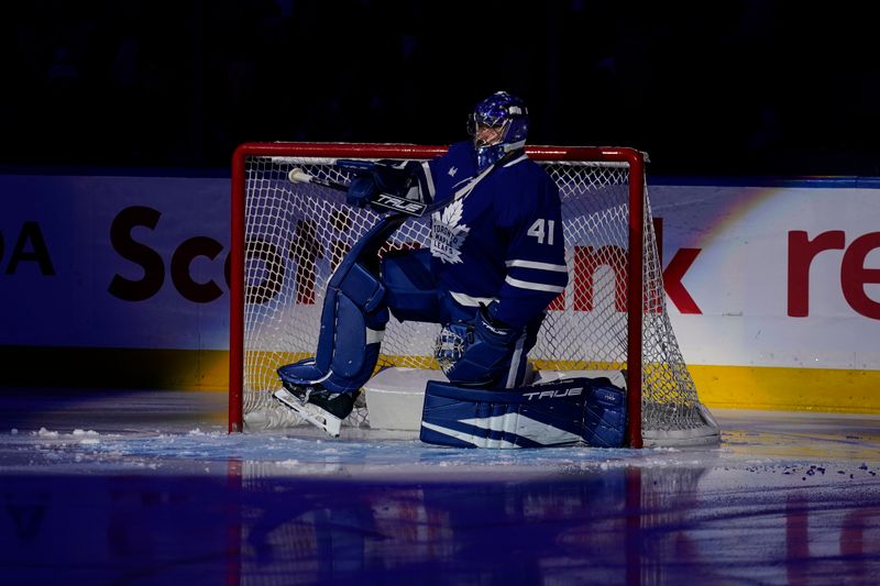 Nov 8, 2024; Toronto, Ontario, CAN; Toronto Maple Leafs goaltender Anthony Stolarz (41) during the player introductions before a game against the Detroit Red Wings  at Scotiabank Arena. Mandatory Credit: John E. Sokolowski-Imagn Images