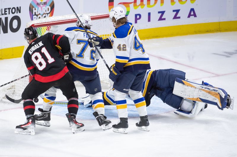 Mar 21, 2024; Ottawa, Ontario, CAN; Ottawa Senators left wing Dominik Kubalik (81) scores by capitalizing on a rebound from St. Louis Blues goalie Joel Hofer (30) in the third period at the Canadian Tire Centre. Mandatory Credit: Marc DesRosiers-USA TODAY Sports