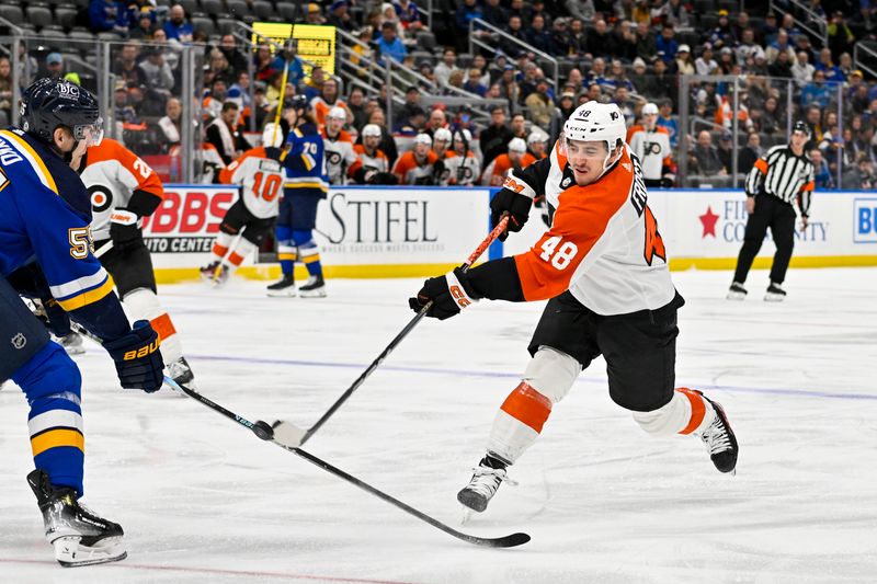 Jan 15, 2024; St. Louis, Missouri, USA;  Philadelphia Flyers center Morgan Frost (48) shoots as St. Louis Blues defenseman Colton Parayko (55) defends during the first period at Enterprise Center. Mandatory Credit: Jeff Curry-USA TODAY Sports