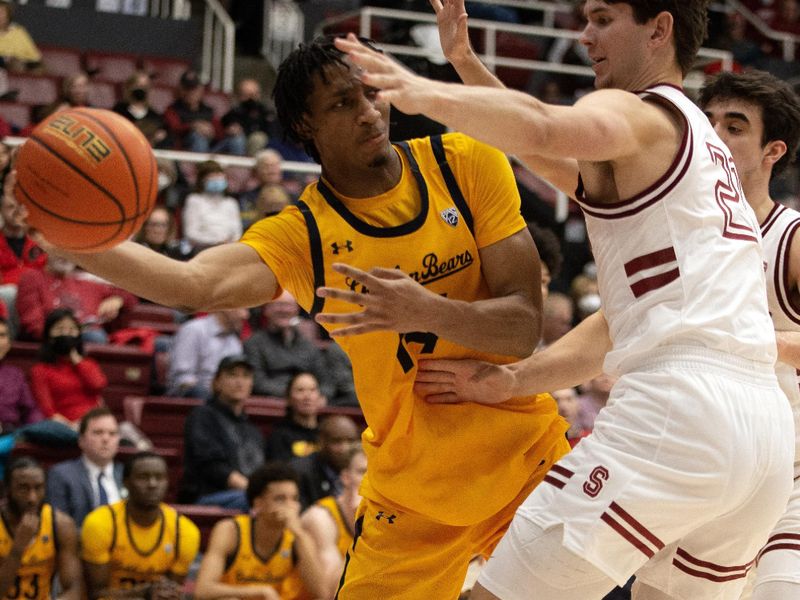 Jan 28, 2023; Stanford, California, USA; California Golden Bears forward Grant Newell (14) passes around Stanford Cardinal forward Neal Begovich (21) during the second half at Maples Pavilion. Stanford defeated California 75-46. Mandatory Credit: D. Ross Cameron-USA TODAY Sports