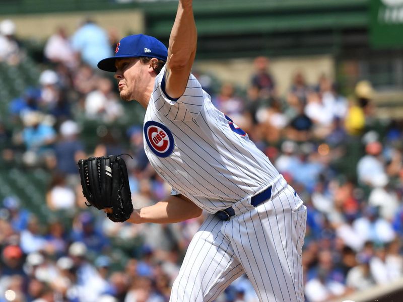 Aug 22, 2024; Chicago, Illinois, USA; Chicago Cubs starting pitcher Justin Steele (35) pitches during the first inning against the Detroit Tigers at Wrigley Field. Mandatory Credit: Patrick Gorski-USA TODAY Sports