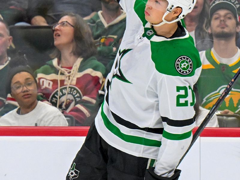Mar 21, 2026; Saint Paul, Minnesota, USA; Dallas Stars forward Jason Robertson (21) celebrates his power play goal during the first period at Grand Casino Arena. Mandatory Credit: Nick Wosika-Imagn Images