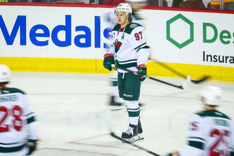 Dec 4, 2025; Calgary, Alberta, CAN; Minnesota Wild left wing Kirill Kaprizov (97) skates during the warmup period against the Calgary Flames at Scotiabank Saddledome. Mandatory Credit: Sergei Belski-Imagn Images