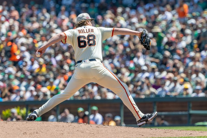 May 18, 2025; San Francisco, California, USA; San Francisco Giants pitcher Erik Miller (68) throws a pitch during the seventh inning against the Oakland Athletics at Oracle Park. Mandatory Credit: Bob Kupbens-Imagn Images