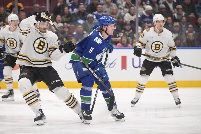 Feb 24, 2024; Vancouver, British Columbia, CAN;  Boston Bruins defenseman Derek Forbort (28) defends against Vancouver Canucks forward Brock Boeser (6) during the third period at Rogers Arena. Mandatory Credit: Anne-Marie Sorvin-USA TODAY Sports