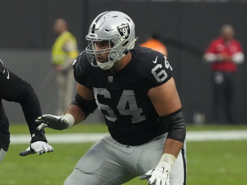 Las Vegas Raiders guard Alex Bars (64) drops back to block during an NFL football game against the Houston Texans, Sunday, Oct 23, 2022, in Las Vegas. (AP Photo/Rick Scuteri)