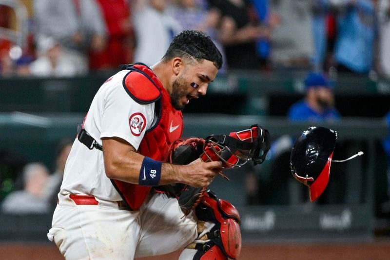 May 26, 2024; St. Louis, Missouri, USA;  St. Louis Cardinals catcher Ivan Herrera (48) reacts after the Cardinals defeated the Chicago Cubs at Busch Stadium. Mandatory Credit: Jeff Curry-USA TODAY Sports