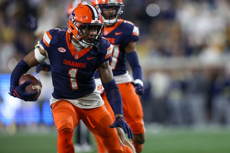 Nov 18, 2023; Atlanta, Georgia, USA; Syracuse Orange running back LeQuint Allen (1) runs the ball against the Georgia Tech Yellow Jackets in the second half at Bobby Dodd Stadium at Hyundai Field. Mandatory Credit: Brett Davis-USA TODAY Sports