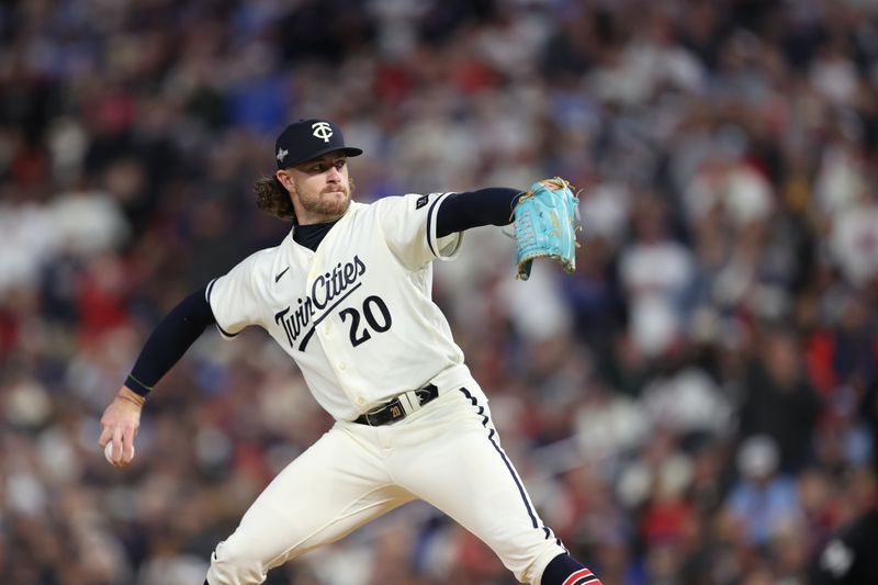 Oct 11, 2023; Minneapolis, Minnesota, USA; Minnesota Twins relief pitcher Chris Paddack (20) pitches in the in the fourth inning against the Houston Astros during game four of the ALDS for the 2023 MLB playoffs at Target Field. Mandatory Credit: Jesse Johnson-USA TODAY Sports