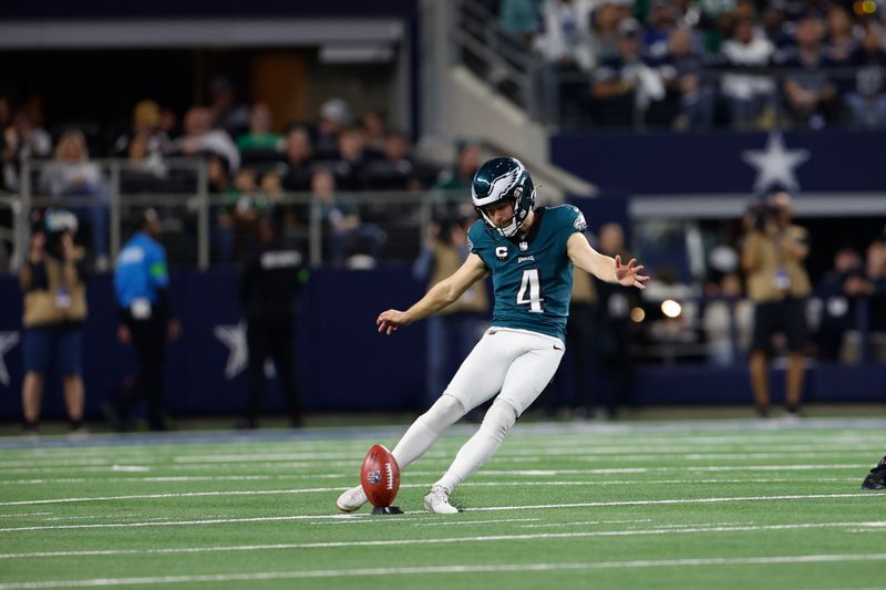 Philadelphia Eagles kicker Jake Elliott (4) kicks off after a field goal during an NFL football game against the Dallas Cowboys, Sunday, Dec. 10, 2023, in Arlington, Texas. (AP Photo/Matt Patterson)