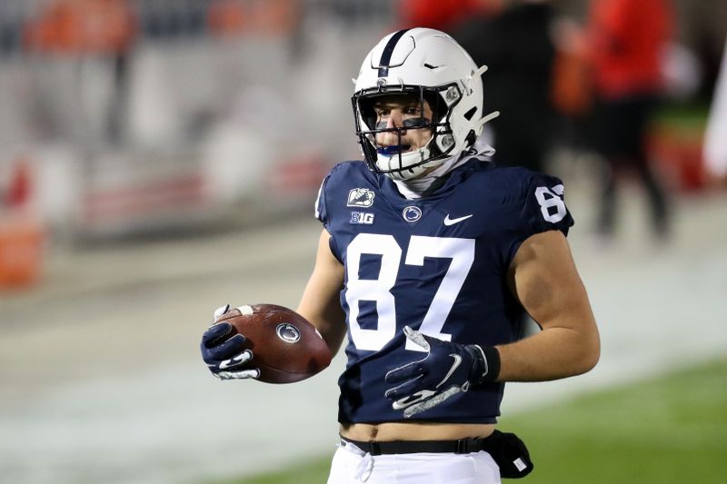 Oct 31, 2020; University Park, Pennsylvania, USA; Penn State Nittany Lions tight end Pat Freiermuth (87) catches the ball during warm ups before a game against the Ohio State Buckeyes at Beaver Stadium. Mandatory Credit: Matthew OHaren-USA TODAY Sports