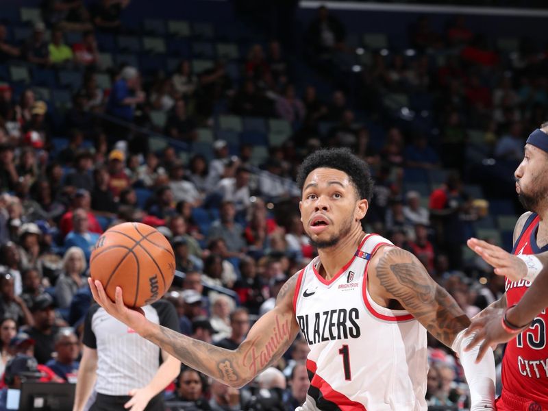 CHICAGO, IL - NOVEMBER 4: Anfernee Simons #1 of the Portland Trail Blazers drives to the basket during the game against the New Orleans Pelicans on November 4, 2024 at Smoothie King Center in New Orleans, Louisiana. NOTE TO USER: User expressly acknowledges and agrees that, by downloading and or using this photograph, User is consenting to the terms and conditions of the Getty Images License Agreement. Mandatory Copyright Notice: Copyright 2024 NBAE (Photo by Jeff Haynes/NBAE via Getty Images)