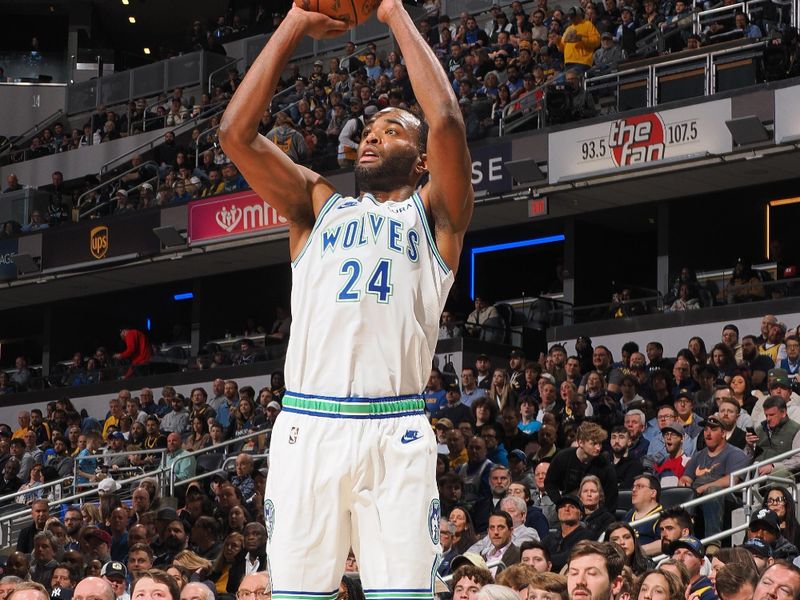 INDIANAPOLIS, IN - MARCH 7:  T.J. Warren #24 of the Minnesota Timberwolves shoots a three point basket during the game against the Indiana Pacers on March 7, 2024 at Gainbridge Fieldhouse in Indianapolis, Indiana. NOTE TO USER: User expressly acknowledges and agrees that, by downloading and or using this Photograph, user is consenting to the terms and conditions of the Getty Images License Agreement. Mandatory Copyright Notice: Copyright 2024 NBAE (Photo by Ron Hoskins/NBAE via Getty Images)