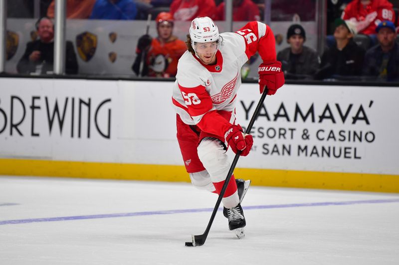 Nov 15, 2024; Anaheim, California, USA; Detroit Red Wings defenseman Moritz Seider (53) moves the puck against the Anaheim Ducks during the third period at Honda Center. Mandatory Credit: Gary A. Vasquez-Imagn Images