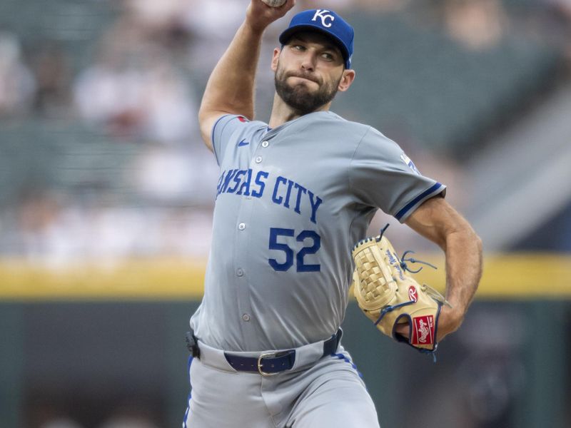 Jul 30, 2024; Chicago, Illinois, USA; Kansas City Royals starting pitcher Michael Wacha (52) pitches during the first inning against the Chicago White Sox at Guaranteed Rate Field. Mandatory Credit: Patrick Gorski-USA TODAY Sports