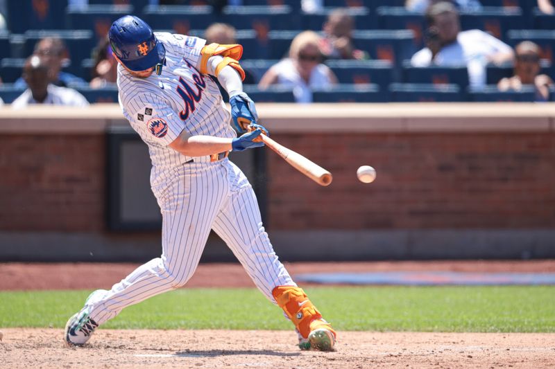 Jul 11, 2024; New York City, New York, USA; New York Mets first baseman Pete Alonso (20) hits an RBI single during the fifth inning against the Washington Nationals at Citi Field. Mandatory Credit: Vincent Carchietta-USA TODAY Sports